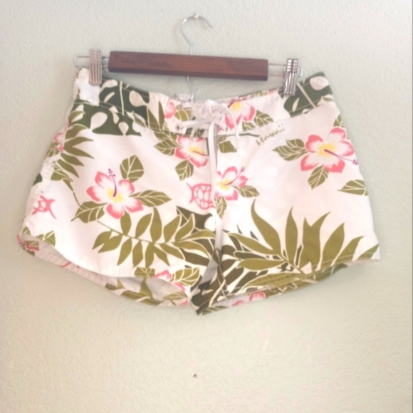 Vintage Unbranded Pants - Vintage Hawaian Floral Monstera Leaf Print Lace Tie Up Velcro Close Board Shorts